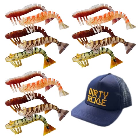 3 Packs of 5 x 120mm/4.75" Soft Plastic Prawns and a Dirty Tackle Cap