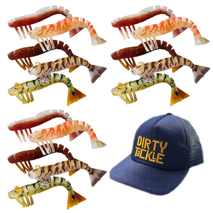 3 Packs of 5 x 120mm/4.75" Soft Plastic Prawns and a Dirty Tackle Cap - SAVE $20!